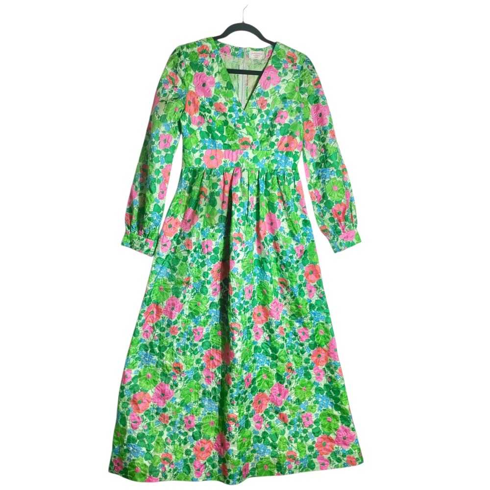 Vintage Handmade Floral Maxi Dress Green Pink V-Neck Long Sleeve Retro 60s 70s
